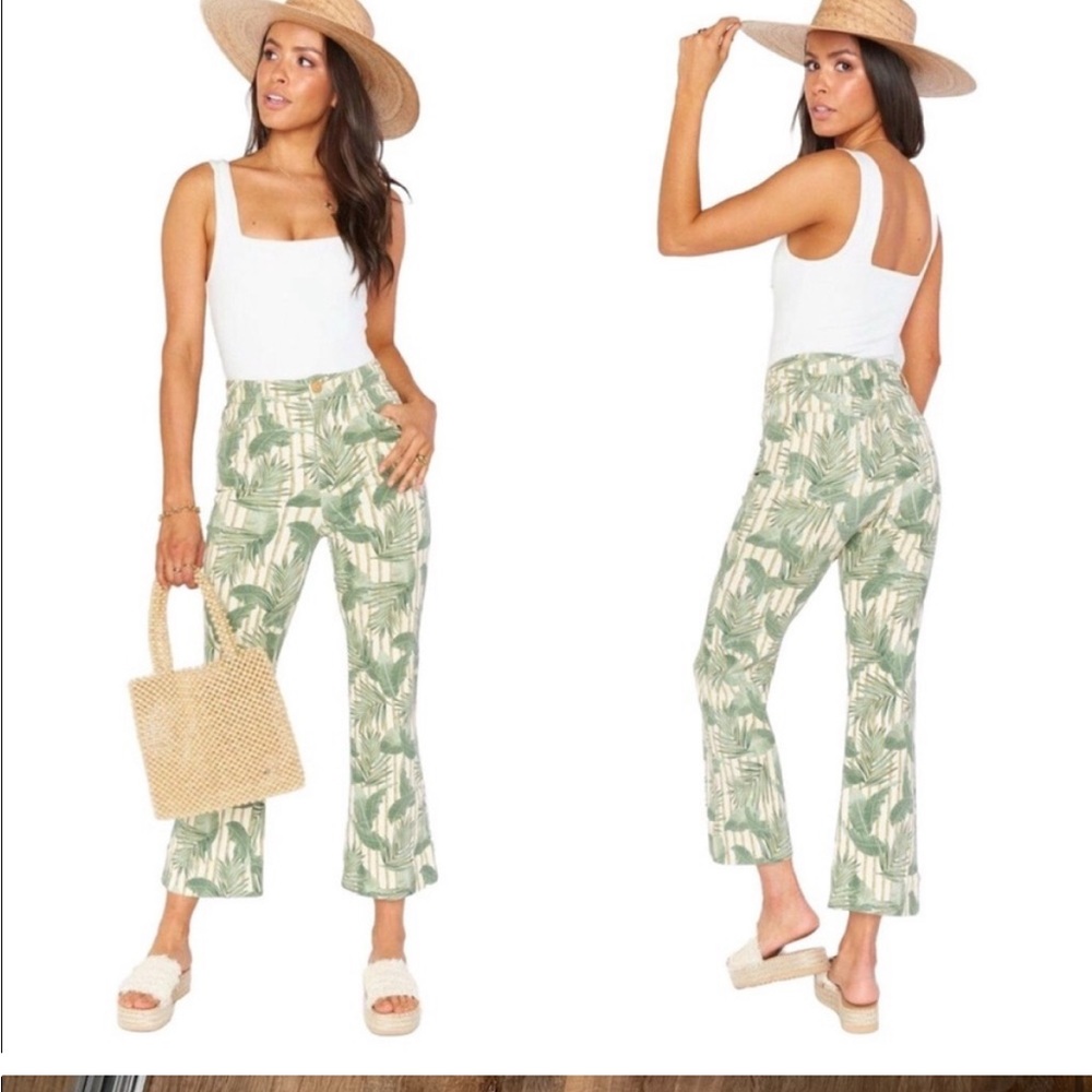 Show Me Your MuMu Palm Print Cropped Jeans - Green & Cream